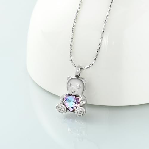 Imrsanl Teddy Bear Cremation Jewelry for Men Women Crystal Heart Memorial Urn Necklaces for Ashes Pendant Human Pet Ashes Holder Keepsake Silver Purple