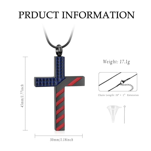American Flag Cross Urn Necklace for Ashes for Men Women Cremation Jewelry Religious Cross Ashes Keepsake Memorial Jewelry of Loved One B