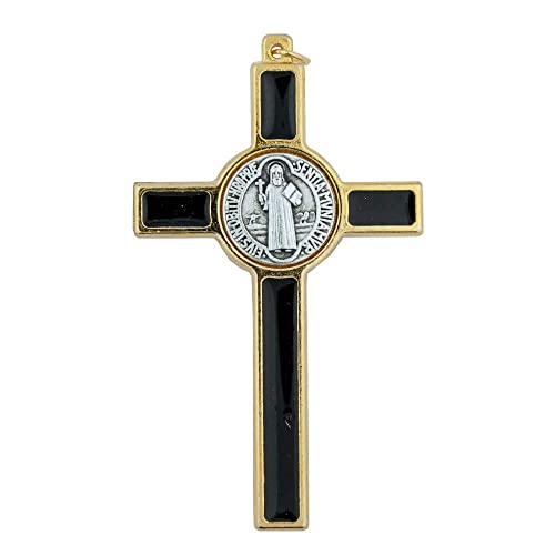 Vatican Imports St. Benedict Crucifix with Round St. Benedict Medal Inlay | 3" Gold-Tone and Black Enamel Cross with Cord and Booklet | Patron Saint of Students and Europe | Made in Italy