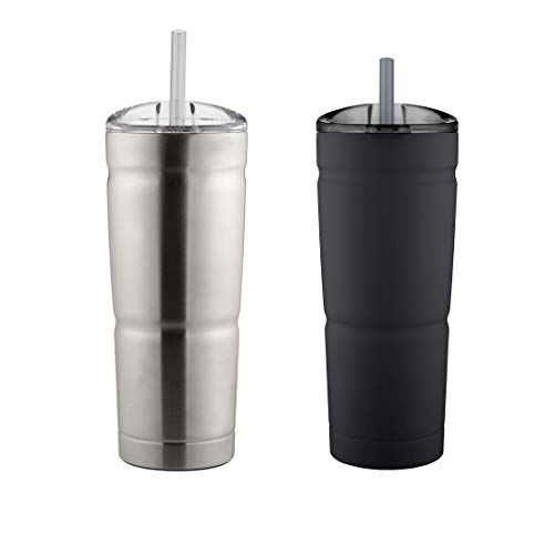 BUBBA BRANDS Envy S Vacuum-Insulated Stainless Steel Tumbler with Lid and Straw, Reusable Iced Coffee or Water Cup, BPA-Free Travel Tumbler, 24oz 2-Pack Black& Steel 24oz (Pack of 2) Black & Steel