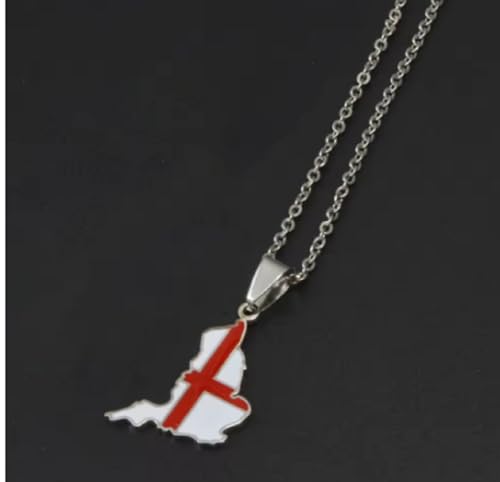 Silver England Flag Necklace Saint George's Cross St Country Map Outline English with 60cm Chain