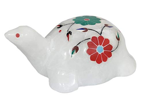 Purpledip Marble Statue 'Travelling Tortoise': Gemstone Inlay Collectible Showpiece Gift (11664)