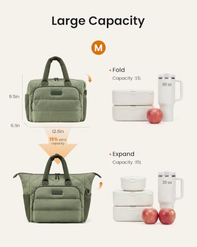 LOVEVOOK Insulated Lunch Bag Women,Puffer Lunch Cooler Box with Utensil Bag Beige Checkered-Corduroy Large - 13L
