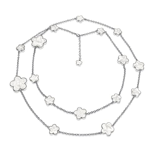 Bling Jewelry White Clover Flower Long Silver Plated Brass Station Tin Cup Chain Wrap Layer Necklace For Women 42 Inch