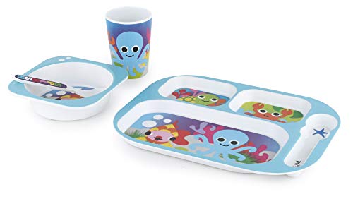 French Bull 4pc Toddler Kids Feeding Melamine Tableware Flatware BPA Free Dishwasher Safe, Durable Plate, Cup, Bowl, Divided Tray Dinnerware, 4 Piece Set, Ocean