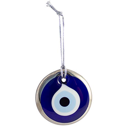Silver Gilt Handmade Evil Eye Turkish Greek Glass Charm Decorative Ornament for Good Luck, Success and Protection (2.7 inches) 2.7 inches