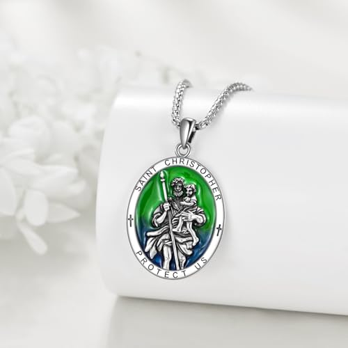 925 Sterling Silver Patron Saint Medal Necklace Catholic Protection Pendant Amulet Religious Protector Jewelry for Men Women 10a-St Christopher