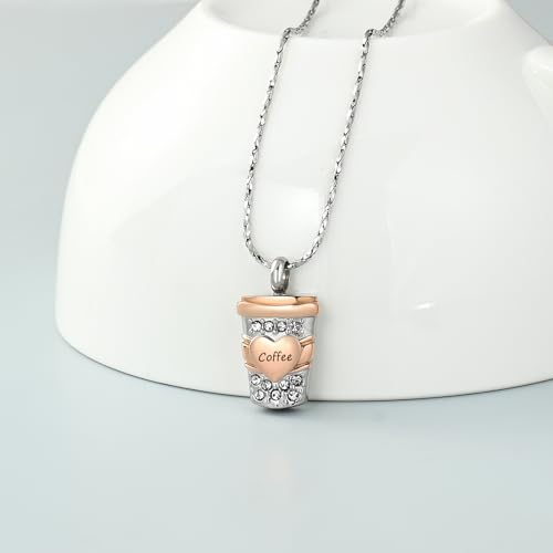 Imrsanl Coffee Cup Memorial Urn Necklace Cremation Jewelry for Ashes Silver-Rose Gold