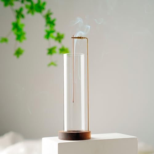 Incense Holder for Sticks, Anti-Ash Flying Incense Burner with 30 Incense Sticks, Detachable Glass Ash Catcher (Wood, Brown) Brown-1pc Wood