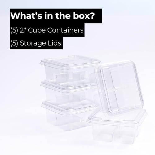 Klaris 2" Cube Storage Containers (5 pk) - Craft Ice Storage with Lids | Stackable, Compact and Robust for Freezer | Keeps Ice Fresh & Clear | Compatible with any 2" Cubes & Spheres