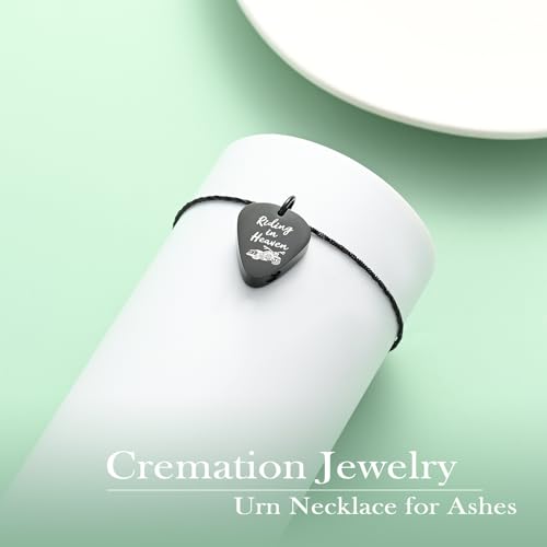 Yinplsmemory Cremation Jewelry Guitar Pick Urn Necklace for Ashes for Women Men Riding In Heaven Motorcycle Ashes Keepsake Memorial Jewelry Black