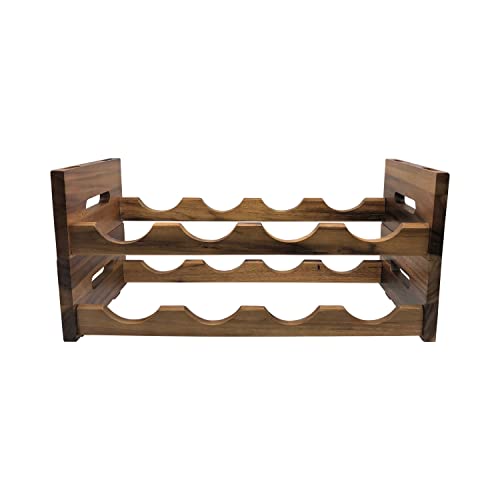 Kalmar Home acacia wood stackable wine rack holding four bottles, freestanding design with dimensions 20.25" x 9" x 5".