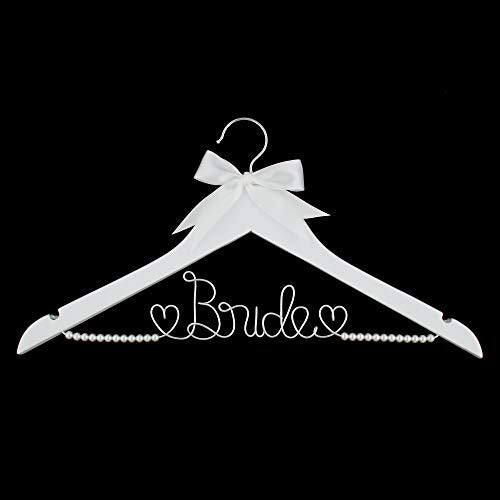 Bride to Be Wedding Dress Hanger Wooden and Wire Hangers for Brides Gowns, Dresses (White with Silver Wire and Strand Pearls) White With Silver Wire and Strand Pearls
