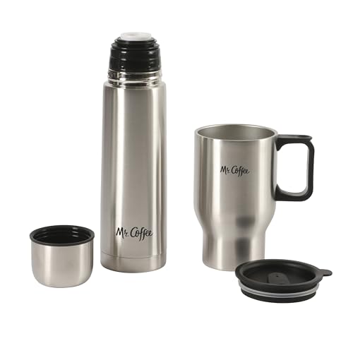 Mr. Coffee 4-Piece Insulated Drinkware Set — Stainless Steel Thermos, Travel Mug with Handle, Cup & Lid for Hot & Cold Drinks Stainless Steel (Javelin) 15.5 Ounces