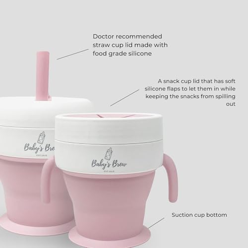Baby's Brew Baby Feeding Set, Suction Bowl Spoons Snack Cup, Pink Pink Cup + Pink Bowl