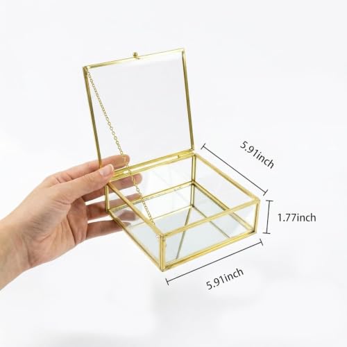 ZMG Vintage Glass Keepsake Box Gold Jewelry Display Case With Chain Lid Square Mirror
