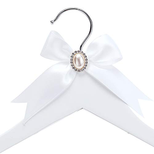 White Solid Wood Bridal Dress Hanger with Lady Wire Lettering for Bridal Wedding Party Gift (Pearl Silver Thread and White Hanger)