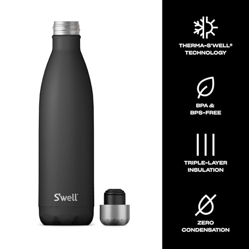 S'well Stainless Steel Water Bottle, 25oz, Onyx, Triple Layered Vacuum Insulated Containers Keeps Drinks Cold for 48 Hours and Hot for 24, BPA Free, Perfect for On the Go 25 Ounces