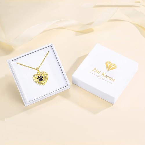 Pet Cremation Urn Necklace for Dog Cat Ashes 925 Sterling Silver 18K Gold Plated Paw Print Memorial Pendant Celtic Knot Keepsake Jewellery for Women Men 01B-Heart