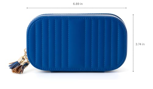 Summer Gift Blue Elegant Oval Jewelry Travel Case | Zip-Closure Jewelry Box with Mirror, Slots for Pendants, Bracelets, Rings & Earrings, Complimentary Dust Bag