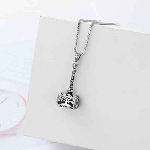 XSMZB Viking Thor Hammer Cremation Jewelry for Ashes Tree of Life Hammer Keepsake Ashes Necklace for Human Pet Funeral Memorial Pendant Silver