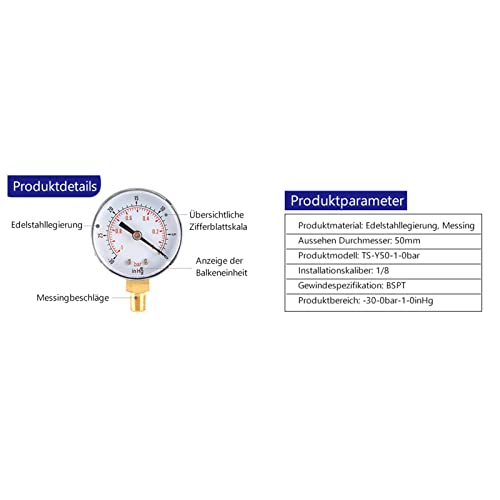 [Australia - AusPower] - 1/8 BSPT Vacuum Pressure Gauge with Floor Connection, 50 mm Dial Gauge, 1-0Bar -30-0inHg Dual Scale Pressure Gauge for Measuring Air, Water, Oil and Gas 