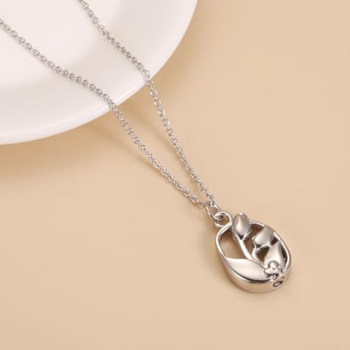 Ashes Necklace For Women Tulip Memorial Urn Necklace Hold Ashes Of Loved Ones Oval Shape Stainless Steel Keepsake Cremation Jewelry For Mom Silver