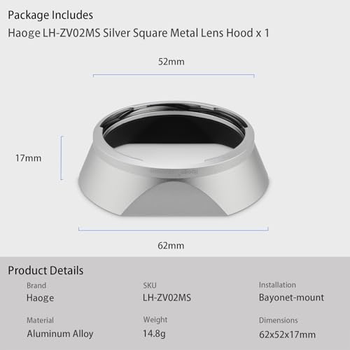 Haoge Square Metal Lens Hood for Voigtlander NOKTON 35mm f1.4, 40mm f1.4, 50mm f1.5 Aspherical II 28mm F1.5 VM Lens,Carl Zeiss Biogon T* 35mm f2 35mm f2.8 ZM, Planar T* 2/50 50mm f2 ZM Silver