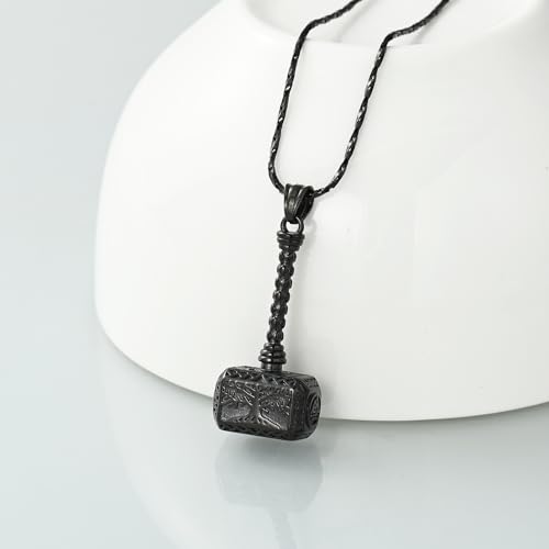 Imrsanl Viking Thor's Hammer Urn Necklace for Ashes Tree of Life Cremation Jewelry Ashes Holder Keepsake Human Memorial Pendant for Women Men Black