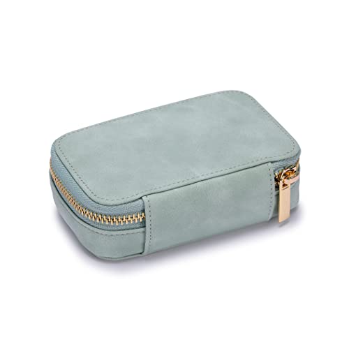 HISCOW Vegan Leather Travel Jewelry Case with Zipper - Portable Necklace & Earring Holder Organizer for Women Girls, Velvet-Lined Ring Box with Anti-Tarnish Design, Light Green