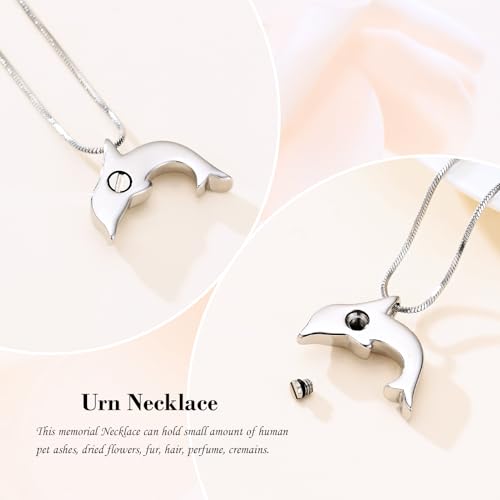 Minicremation Dolphin Shape Cremation Jewelry Necklace for Ashes Stainless Steel Ashes Holder Memorial Jewelry Keepsake Urn Pendant +fill kit Silver