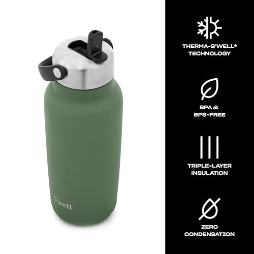 S'well Recycled Stainless Steel Explorer with Flip Straw Lid, 32oz, Green Jasper, Triple Layered Vacuum Insulated Containers Keeps Drinks Cold for 42 Hours and Hot for 10 32 Ounces