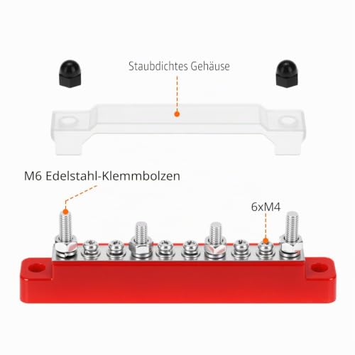 QWORK 150A 12V Busbar Distribution Block with 4xM6 Bolts & 6xM4 Screws, Power Distribution Terminal Block for Car, Boat, Marine, Solar Systems, Black & Red