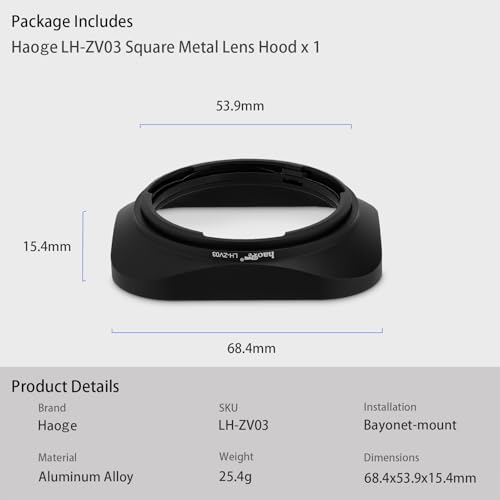 Haoge LH-ZV03 Square Metal Lens Hood for Carl Zeiss Distagon T* 21mm f2.8 ZM, C Biogon T* 21mm f4.5 ZM, 25mm f 2.8 ZM, 28mm f2.8 ZM, C Sonnar T* 50mm f1.5 ZM Lens [Square - Black]