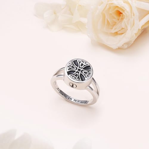 Celtic Urn Ring S925 Sterling Silver Always in My Heart Cremation Urn Ring for Ashes Keepsake Cremation Jewelry Memorial Rings for Women Cross R 1/2