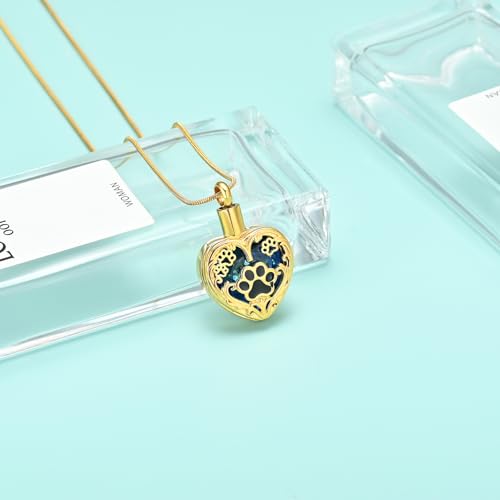 Heart Urn Necklace For Ashes Birthstone Pet Memorial Jewelry Dog Paw Print Cremation Pendant Stainless Steel Keepsake Gift For Pet Lovers Gold blue
