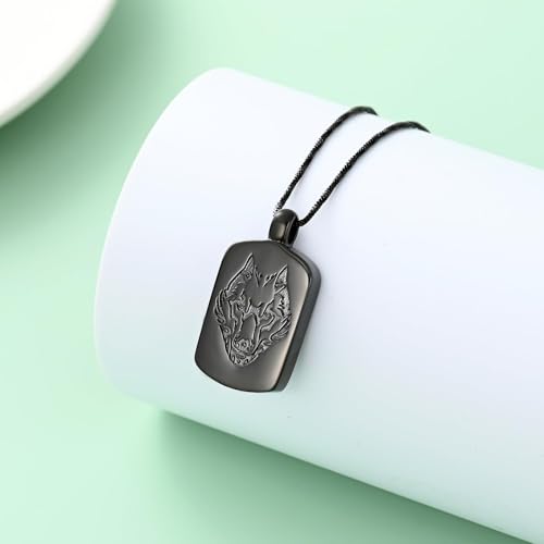 Pet Cremation Jewellery Wolf Poker Urn Necklaces for Ashes Stainless Steel Keepsake Memorial Pet Ash Pendant Jewellery for Men Women A-Black
