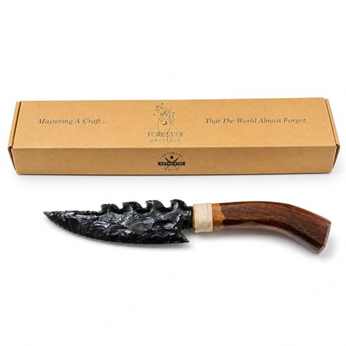10" Handcrafted Black Obsidian Knife – Hand-Knapped Stone Blade with Carved Wooden Handle – Decorative Athame for Rituals, Altar Decor & Metaphysical Healing