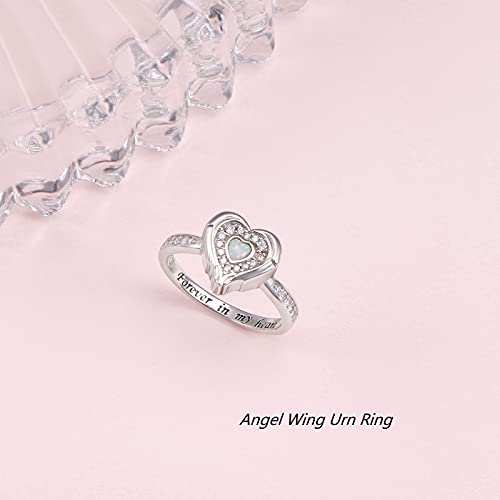 925 Sterling Silver Lab Opal Heart Urn Ring for Ashes Angel Wings Cremation Jewelry Memorial Keepsake Rings for Women Girls Easter Gifts 7