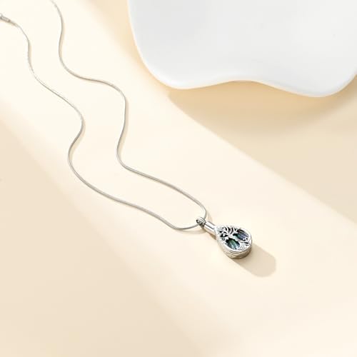 Cremation Jewelry Tree of Life Teardrop Urn Necklace for Human Ashes for Women Men Abalone Shell Memorial Ashes Keepsake Pendant Silver