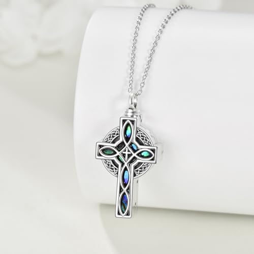 YFN Celtic Cross Urn Necklace Sterling Silver Celtic Knot Ashes Pendant Abalone Shell Cross Cremation Jewellery Gifts for Women Men