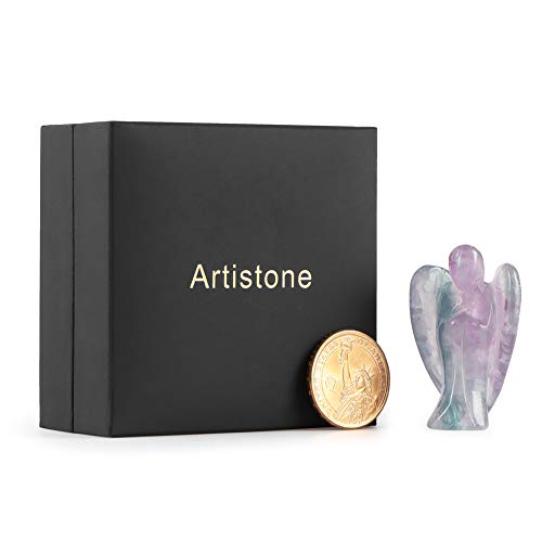 Artistone Rainbow Fluorite Crystal Angel Figurines Healing Crystals Natural Pocket Guardian Angel Statue Stone Decor Handcraft with Gift Box