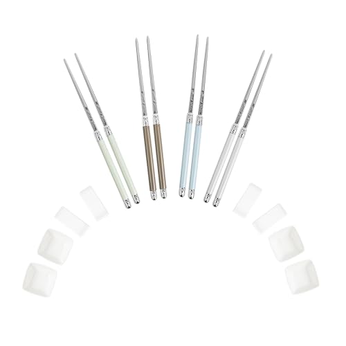 French Home Mother of Pearl Color Chopsticks, Rests & Sauce Bowls, 4 Pairs Pewter, Pale Blue, Seafoam Green, and Silvery Gray 12-Piece Set