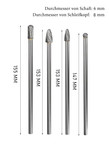 Treki Set of 4 Long Carbide Burrs with 6 mm Shank Carbide Milling Cutter Attachment for Drill, Tungsten Steel Cutter Bits Wood Carving Drill Bit Set for Woodworking, Metal Cutter Wood Cutter