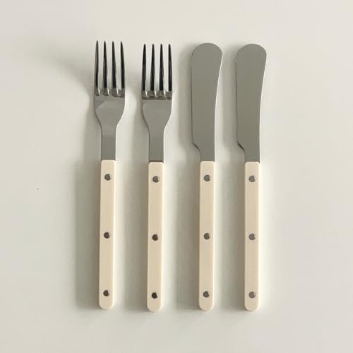 Modern Korean Style Flatware Set Stainless Steel Fork Knife for Dinner and Dessert 4Piece (Ivory) Ivory