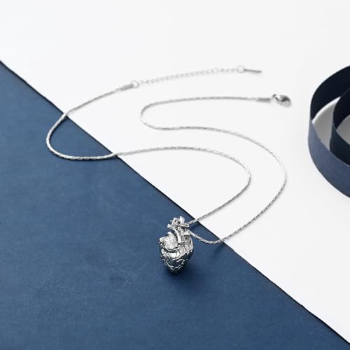 Cremation Memorial Jewellery 3D Anatomical Heart Urn Necklaces for Ashes for Men Women Stainless Steel Memory Keepsakes Urn Ash Pendant Silver