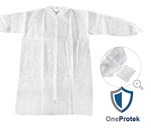 10 Disposable Overgowns for Visitors OneProtek - Size XXL - Zip - White Long Sleeve Smocks - Jersey Cuffs - Polypropylene 25g 1