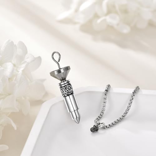 KQF Urn Necklace for Ashes 925 Sterling Silver Bullet/Cat/Hummingbird Cremation Pendant Celtic Memorial Ashes Jewelry Gift for Men Women bullet urn necklace