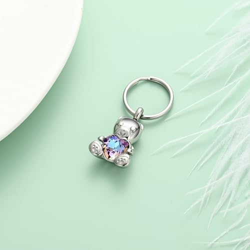 Yinplsmemory Teddy Bear Cremation Jewelry Urn Keychain for Ashes for Women with Crystal Heart Urn Keepsake Pendant Key Ring Rainbow