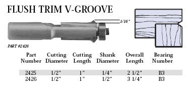 Whiteside Router Bits 2425 Flush Trim V-Groove Bit with 1/2-Inch Cutting Diameter and 1-Inch Cutting Length